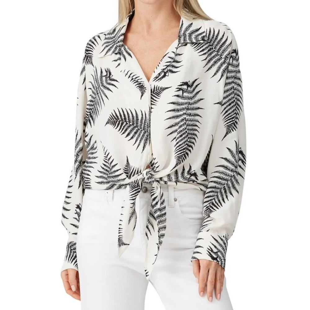 Fifteen Twenty Palm Tie Front Top Women's Small White Black Long Sleeves